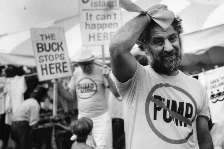Doing his thing: Abbie Hoffman, who died 25 years ago at age 52, at a rally against the Point Pleasant pumping station in Plumstead in the 1980s. The iconoclastic 1960s activist lived near New Hope in his final years.