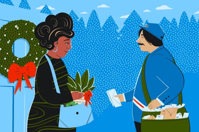 A woman gives her mail carrier a plant, valued at under $20, as a token of appreciation during the holiday season.