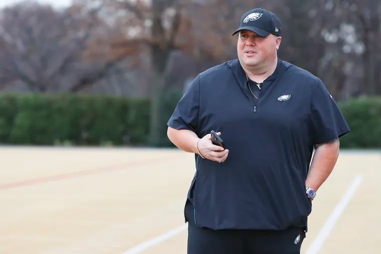 Eagles chief of security Dom DiSandro looks on during practice at the NovaCare Complex in Philadelphia on Thursday, Dec. 8, 2022.