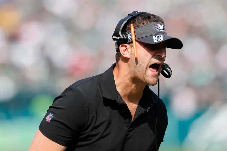 Eagles coach Nick Sirianni yells out from the sideline during the Oct. 3 game against Kansas City.