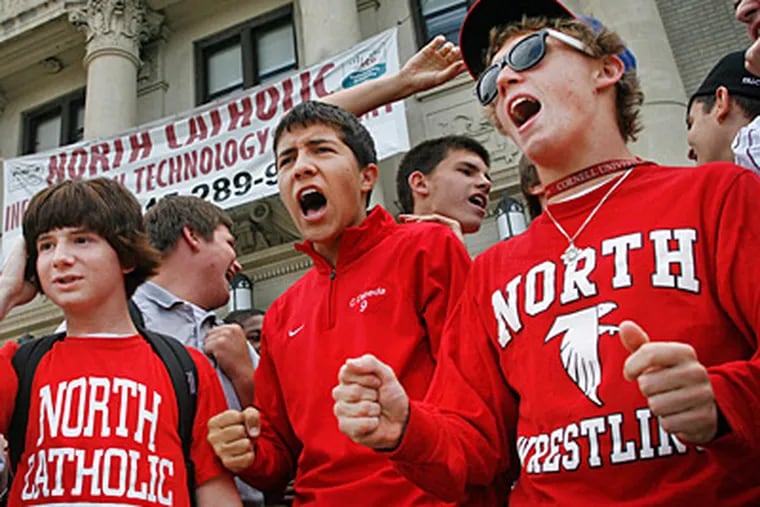 Students from Northeast Catholic School for Boys rally on Friday outside the high school on Torresdale Avenue to protest the closing. (Alejandro A. Alvarez / Staff)