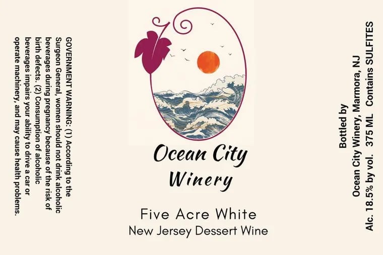 A planned label for a "Five Acre White" to be produced at the Ocean City Winery in Upper Township. The owners say they have a "plenary license" that will allow them to make the wine at their farm and sell it at an outlet in Somers Point.