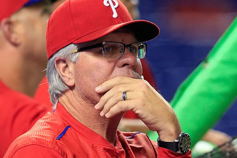 Philadelphia Phillies manager Pete Mackanin looks on prior to the game against the Miami Marlins at Marlins Park.