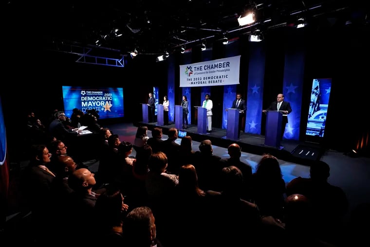 From left: Jeff Brown, Helen Gym, Rebecca Rhynhart, Cherelle Parker, Amen Brown, and Allan Domb take part in a Democratic primary debate at the WPVI-TV studio in Philadelphia on Tuesday.