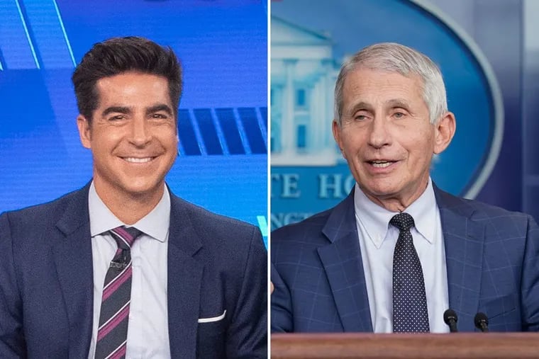 Fox News host Jesse Watters (left) told a crowd of conservatives to ambush Anthony Fauci (right) in public and send the footage to his network.