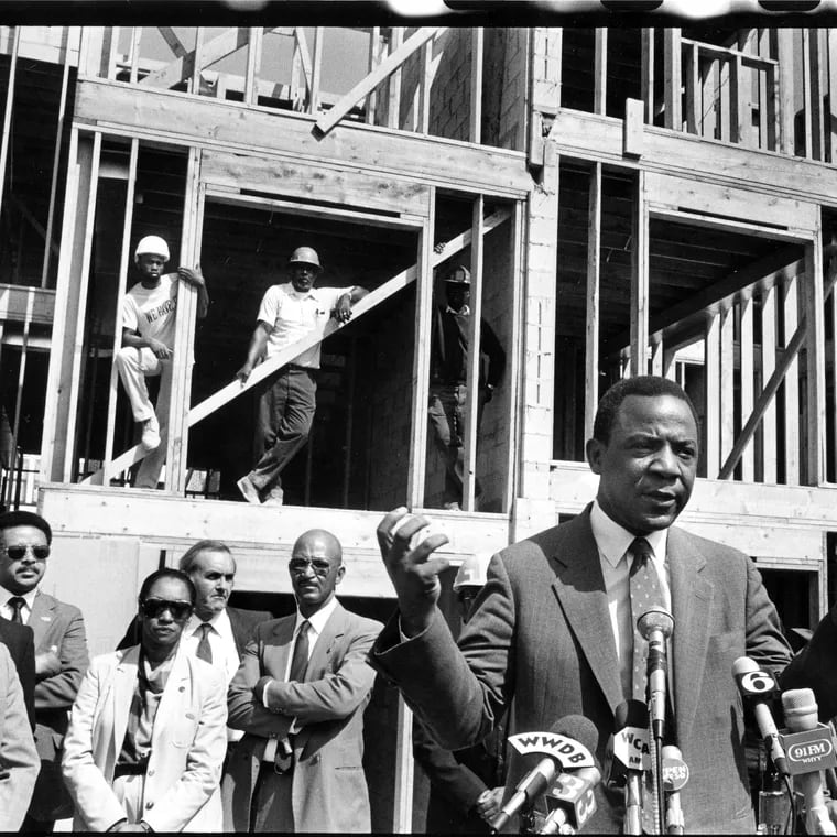Mayor W. Wilson Goode addressed reporters as work began on rebuilding the West Philadelphia homes destroyed in the May 13, 1985, MOVE confrontation.