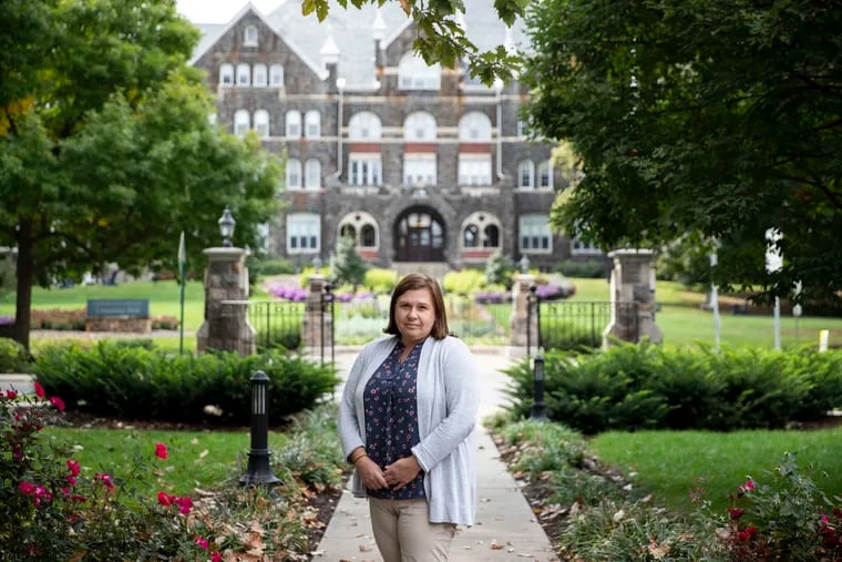 Allison Blechschmidt, director of counseling services at Moravian College, posed for a portrait on campus in Bethlehem on Monday. Moravian College partnered with a digital mental health service, Mantra Health, to give students access to mental health services.