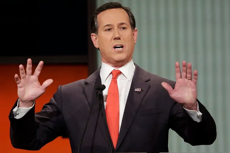 Former 2016 Republican presidential candidate, former Pennsylvania Sen. Rick Santorum, speaks during the Fox Business Network Republican presidential debate in North Charleston, S.C. on Jan. 14, 2016. The CNN analyst went on the network to try and explain comments about Native Americans that have led to criticism, but didn't appear to calm things down. Santorum told a group of young conservative last month that there was ‘nothing here’ when immigrants founded the United States.