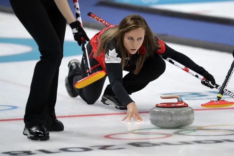Canada’s skip Rachel Homan launches the stone during the women’s curling match against Britain at the 2018 Winter Olympics in Gangneung, South Korea, Wednesday, Feb. 21, 2018. Britain beat Canada during the game.