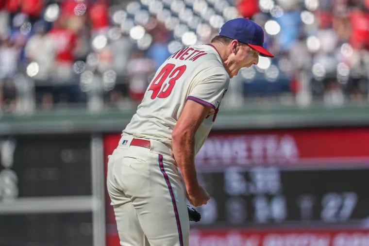 Phillies relief pitcher Nick Pivetta let out a scream of delight after striking out the last batter for the third out of the 9th inning in a 9-4 Phillies win over Atlanta on Sunday.