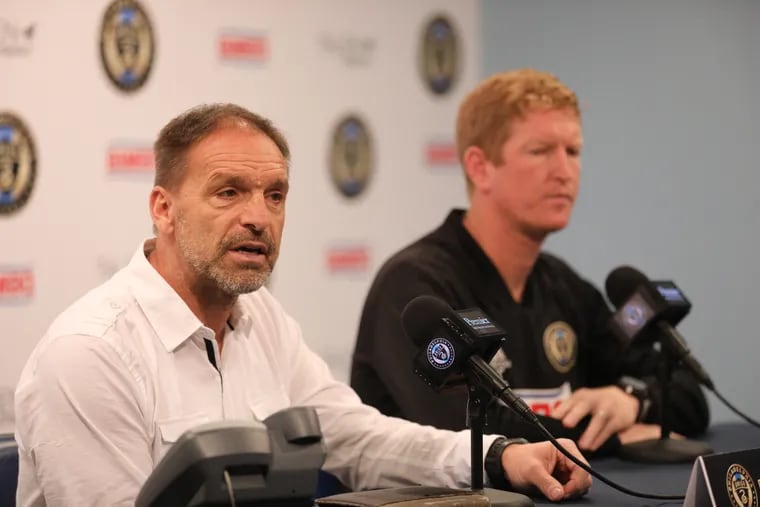 Union sporting director Ernst Tanner and Jim Curtin at their end-of-season press conference earlier this week at Talen Energy Stadium.