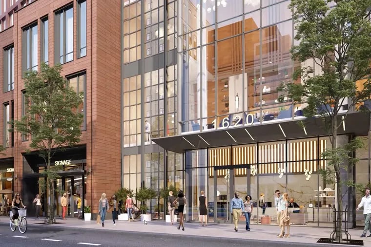 Artist's rendering of entrance to apartment tower planned at 1608 Sansom St. by developer Southern Land Co.
