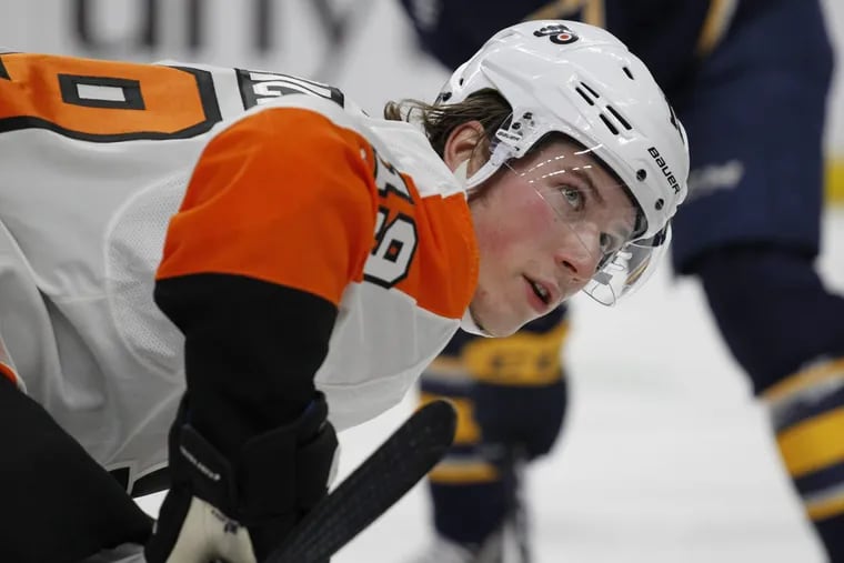 Flyers center Nolan Patrick (19) takes a faceoff during the second period of an NHL hockey game against the Buffalo Sabres, Friday, Dec. 22, 2017, in Buffalo.