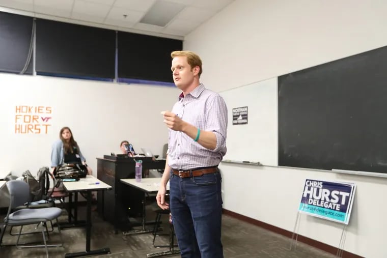 Chris Hurst speaks at Virginia Tech on Sept. 5. His girlfriend was shot and killed on live TV in a shocking incident that captured national headlines. Now, the Chester County native is running for Virginia’s House of Delegates, campaigning in gun friendly turf in the state’s southwest. DAVID SWANSON / Staff Photographer