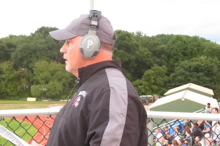 Delsea head coach Sal Marchese Jr. coaching from up top the press box during a Sept. 14 game vs. West Deptford,.