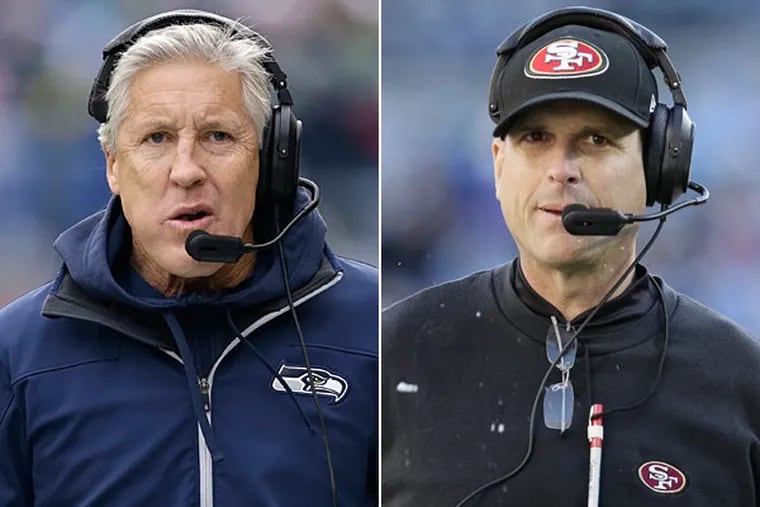 Seahawks head coach Pete Carroll and 49ers head coach Jim Harbaugh. (Elaine Thompson/AP) (Gerry Broome/AP)
