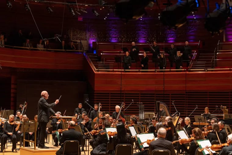 Donald Nally conducting the Philadelphia Orchestra and the Crossing choir in the world premiere of John Luther Adams' "Vespers of the Blessed Earth" in Verizon Hall on Thursday.