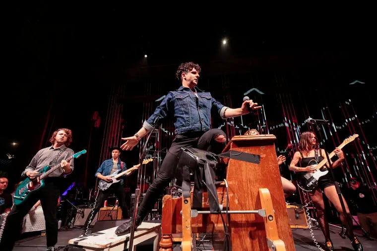 Low Cut Connie's Adam Weiner (center) and (left to right) Will Donnelly, Linwood Regensburg, and Abigail Dempsey perform at the Mann Center in June 2023. The band, whose new album is "Art Dealers," play the Xponential Music Festival in Camden on Sunday.
