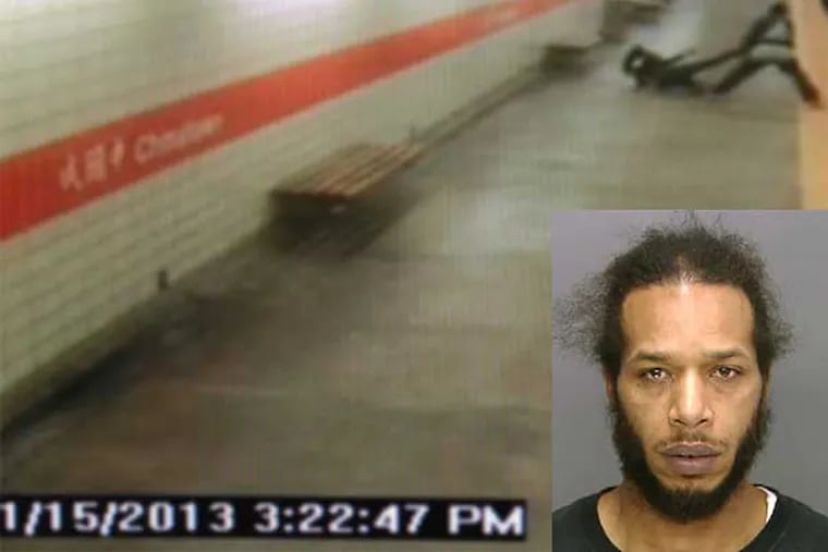 SEPTA surveillance video records a woman being robbed and assaulted on a subway platform Tuesday. William Clark (inset), 37, of Southwest Philadelphia, was arrested Thursday in the attack.