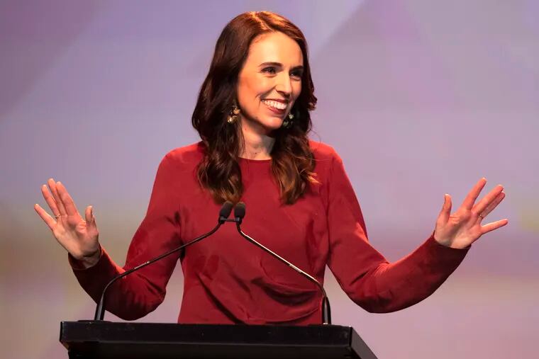 New Zealand Prime Minister Jacinda Ardern gestures as she gives her victory speech to Labour Party members at an event in Auckland, New Zealand, Saturday, Oct. 17, 2020.