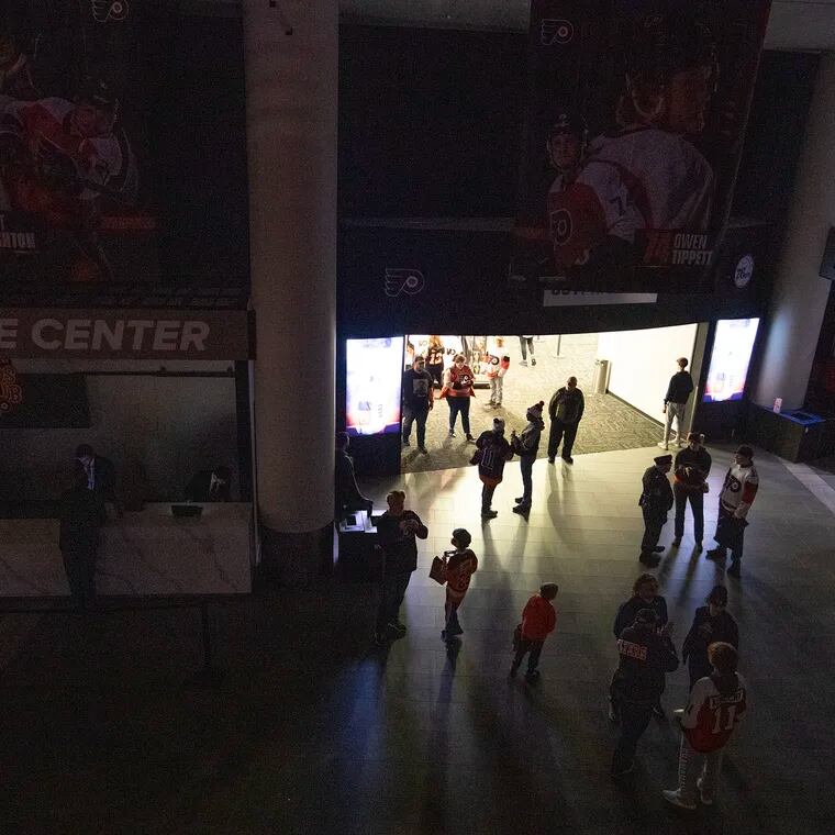 A partial power outage at the Wells Fargo Center during the Flyers and Lightning game on Tuesday night. The main concourse remained dark with only some stores having power.