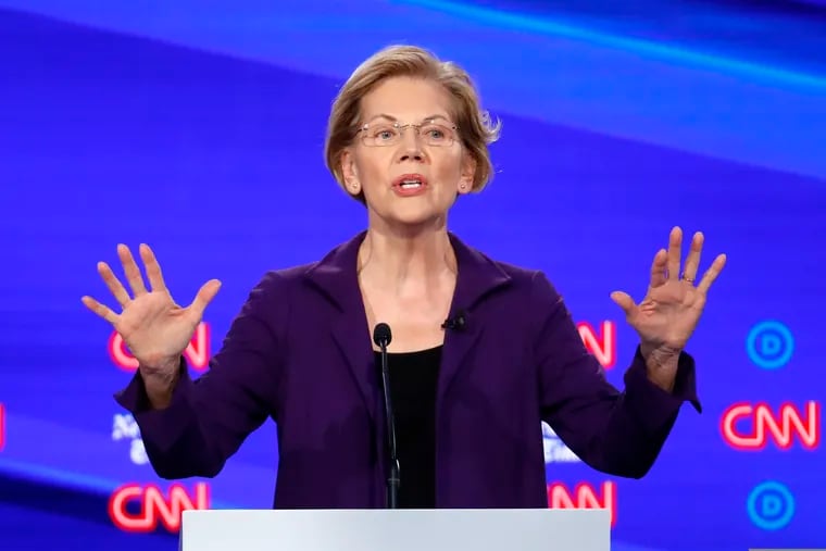 Democratic presidential candidate Sen. Elizabeth Warren, D-Mass., speaks in a Democratic presidential primary debate hosted by CNN/New York Times at Otterbein University, Tuesday, Oct. 15, 2019, in Westerville, Ohio.