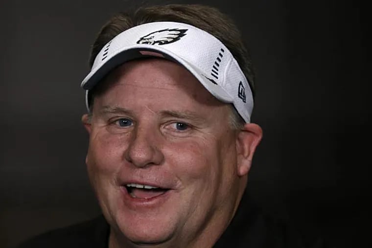 Philadelphia Eagles new head coach Chip Kelly wears a visor given to
him to wear by a reporter during a television interview after a press
conference at the team's NFL football training facility, Thursday,
Jan. 17, 2013, in Philadelphia. (AP Photo/Matt Rourke)