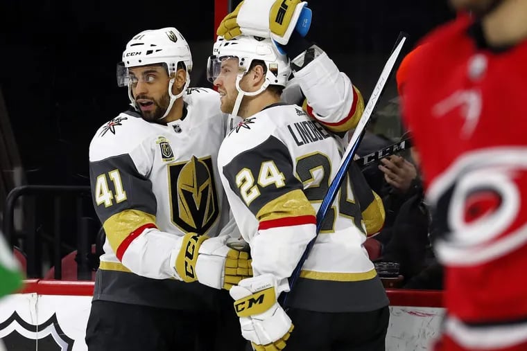 Former Flyers center  Pierre-Edouard Bellemare (41) celebrates his goal against Carolina last month. He will meet with Flyers fan club members Saturday in Vegas. The Flyers play in Vegas Sunday.