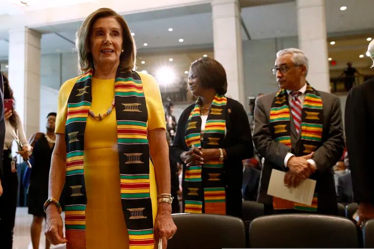 House Speaker Nancy Pelosi of Calif. attends a ceremony to commemorate the 400th anniversary of the first recorded arrival of enslaved African people in America, Tuesday, Sept. 10, 2019, on Capitol Hill in Washington.
