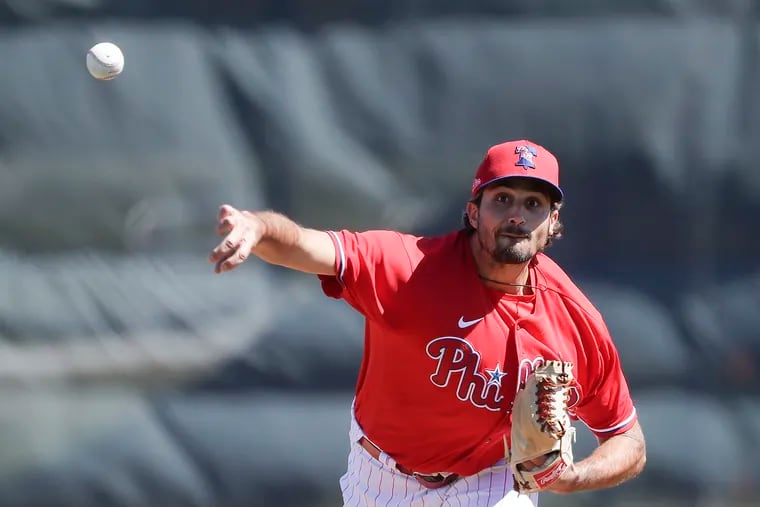 Phillies pitcher Zach Eflin throws the baseball during a spring training simulated game before the Phillies play the Boston Red Sox at Spectrum Field in Clearwater, Florida on Saturday, March 7, 2020.