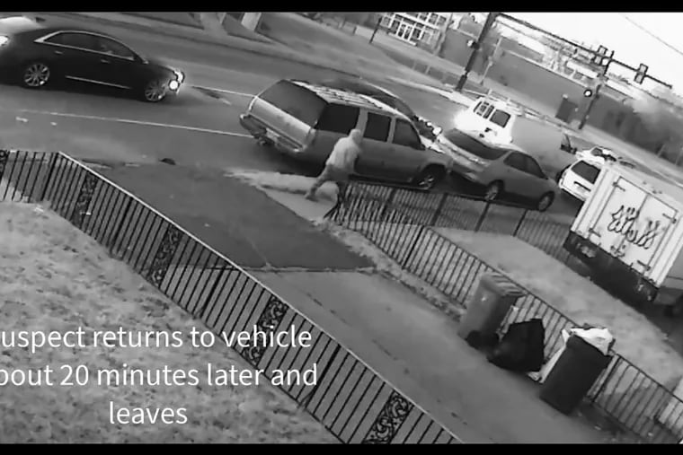 The man seen in this still image from a video is being sought as the suspect who drove a white or silver Chevy Uplander (seen parked at right, in front of a car) about 5:50 a.m. Nov. 10, 2020, and fatally struck a 60-year-old grandmother at Summerdale Avenue and St. Vincent Street, then fled the scene in a hit-and-run. He is seen in this still image shortly afterward, about 6:20 a.m., at Tyson and Algon Avenues.