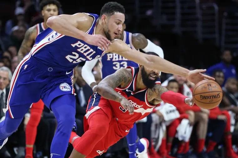Sixers rookie Ben Simmons steals the ball from the Wizards' Markieff Morris during the second quarter at the Wells Fargo Center.