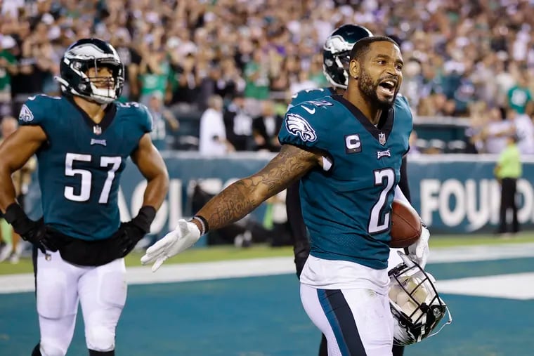 Eagles cornerback Darius Slay (2) celebrates after a fourth quarter interception in the end zone during the fourth quarter at Lincoln Financial Field on Monday, September 19, 2022.