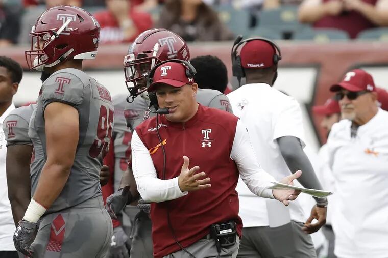 Temple head coach Geoff Collins gestures against Buffalo on Saturday, September 8, 2018. YONG KIM / Staff Photographer