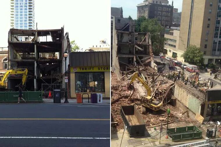 A look at before and after the building collapsed at 22nd and Market Streets on Wednesday, June 5, 2013. (AP Photos/Dino Hazell and Luis Cornejo)
