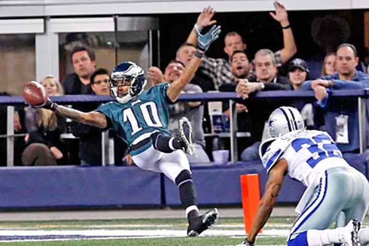 DeSean Jackson takes the Nestea Plunge into the end zone after his career-long 91-yard TD catch-and-run at Dallas in 2010. Ron Cortes / Staff Photographer