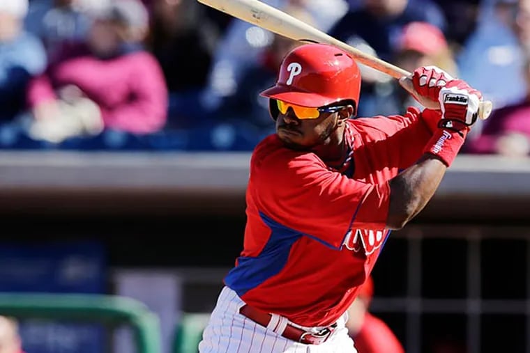 Philadelphia Phillies' Zach Collier in action during a spring training exhibition baseball game against the Washington Nationals, Wednesday, March 6, 2013, in Clearwater, Fla. (AP Photo/Matt Slocum)