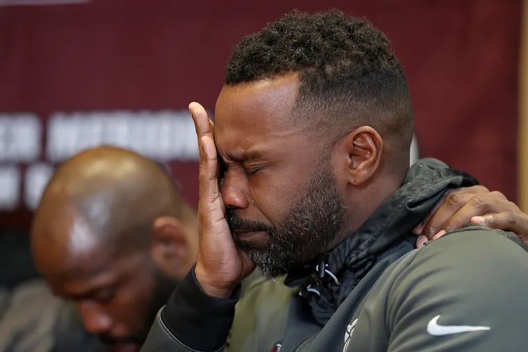 Guy Stewart, Lower Merion High School class of 1995, cries as he talks about Kobe Bryant during a news conference at the school in Ardmore, Pa., on Thursday, Jan. 27, 2020. Stewart and Bryant were teammates on the school's basketball team and they remained friends over the years.
