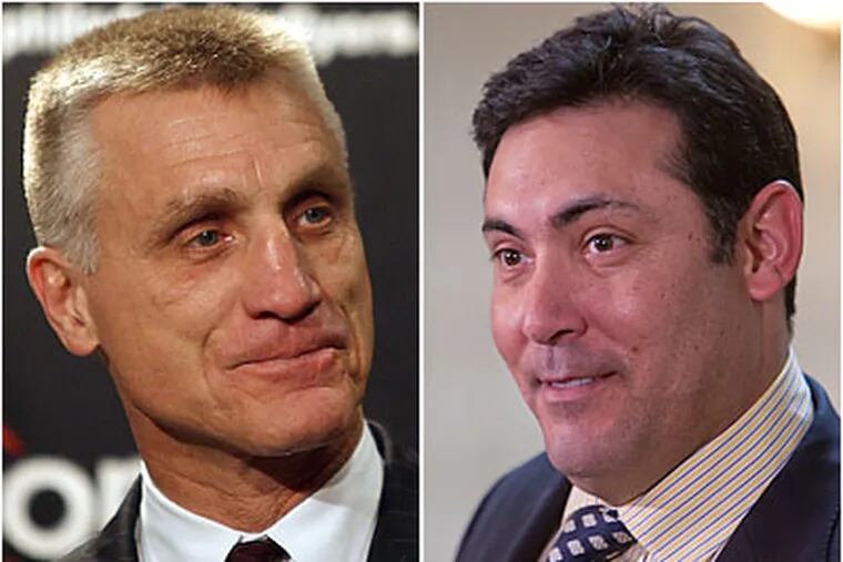 For Paul Holmgren (left), Ilya Bryzgalov is what Roy Halladay and Cliff Lee were to Ruben Amaro Jr. (right). (Staff file photos)