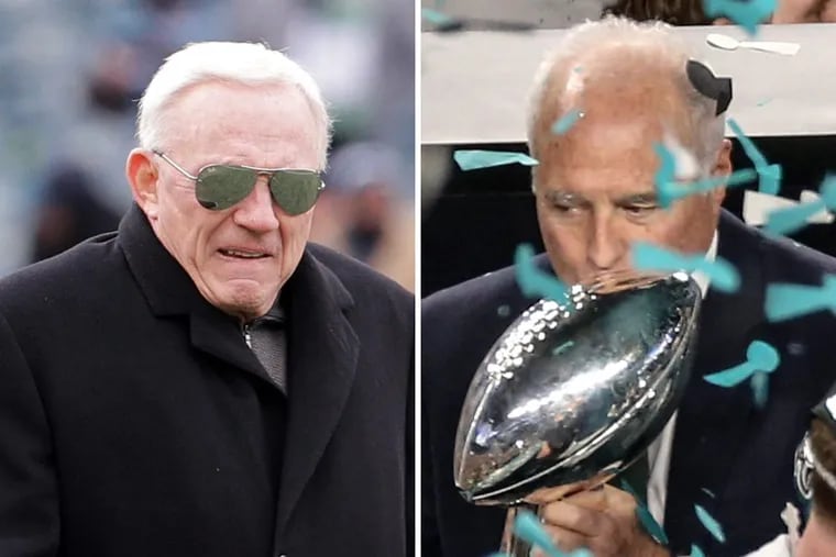 Cowboys owner Jerry Jones (left) is not happy at all about Eagles owner Jeff Lurie (right) bringing a Lombardi Trophy home to Philadelphia.