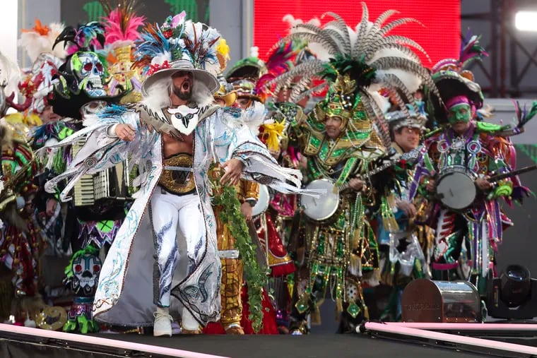 Seth “Freakin’” Rollins arrives with the Mummers during the World heavyweight championship match at WrestleMania 40 at Lincoln Financial Field in Philadelphia, Pa. on Sunday, April 7, 2024.