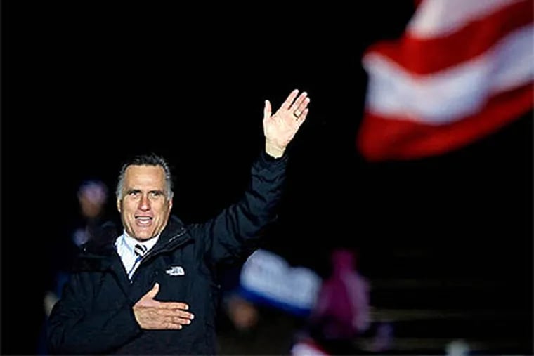 Republican presidential candidate Mitt Romney waves to the crowd after speaking at a campaign event at Shady Brook Farm, Sunday, Nov. 4, 2012, in Morrisville, Pa. (AP Photo/David Goldman)