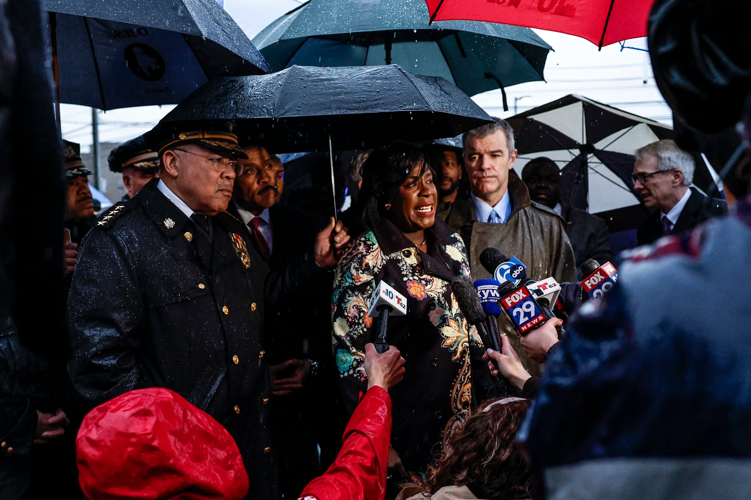Mayor Cherelle L. Parker addresses reporters where eight students were shot at the corner of Cottman Avenue and Rising Sun Avenue in March.