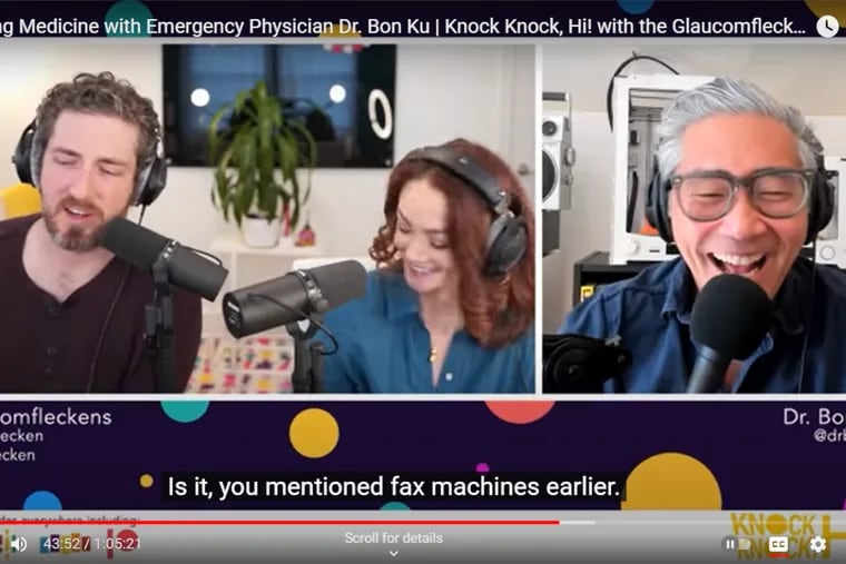 Medical comedian Dr. Glaucomflecken, left, and his wife, Kristin Flanary, hosted Thomas Jefferson University physician Bon Ku on their podcast.
