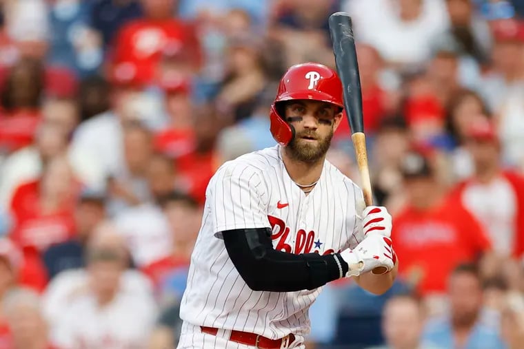 Phillies Bryce Harper at bat against the Miami Marlins on Monday, June 13, 2022 in Philadelphia.