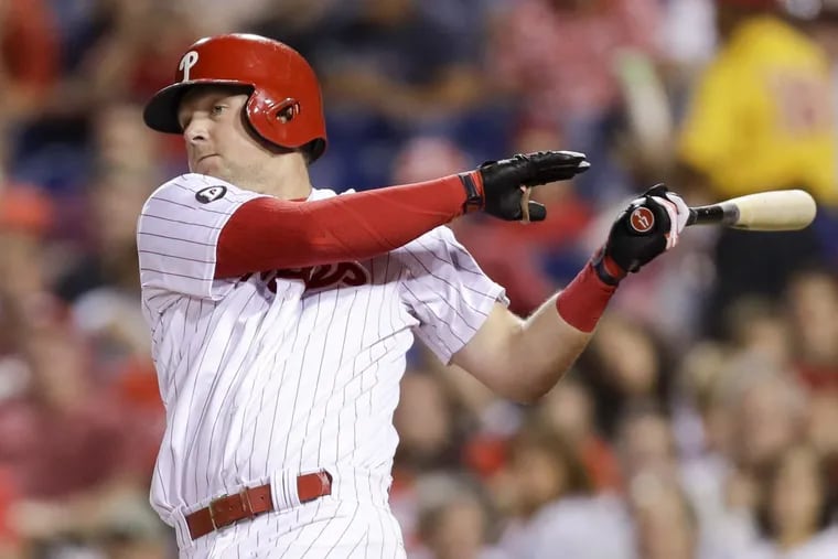 Rhys Hoskins bats against the Miami Marlins on Wednesday.