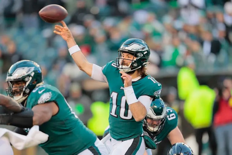 Eagles quarterback Gardner Minshew throws the football against the Tennessee Titans during the fourth quarter on Sunday, December 4, 2022 in Philadelphia.