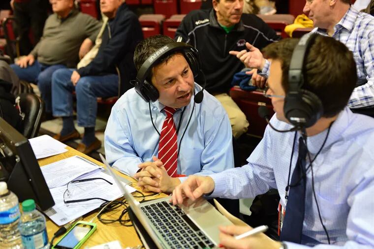 Joe Lunardi (left) with his St. Joe's basketball broadcast partner Matt Martucci at Hagan Arena.