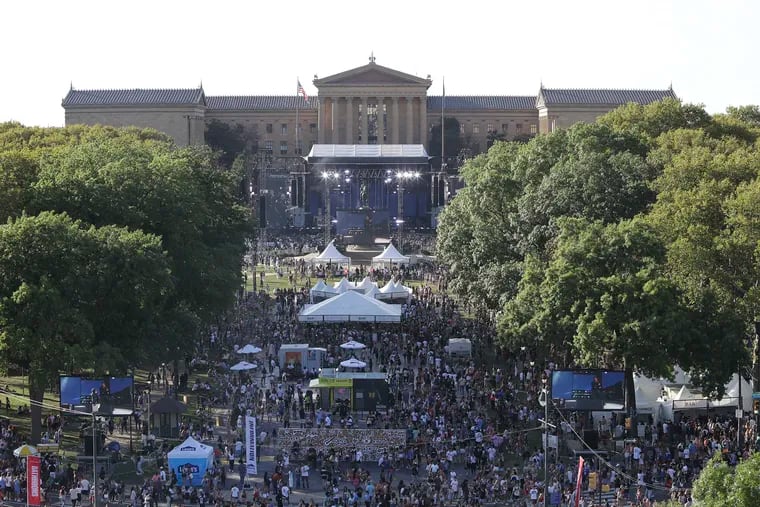 The art museum looms last September over the Made In America music festival as Baby Keem performs on the Rocky stage on the Benjamin Franklin Parkway on Saturday, September 4, 2021. The new city budget maintains its $2 million annual funding for the art museum.