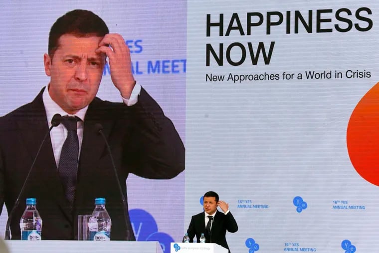 Ukrainian President Volodymyr Zelenskiy address the 16th Yalta European Strategy (YES) annual meeting entitled "Happiness Now. New Approaches for a World in Crisis" at the Mystetsky Arsenal Art Center in Kyiv, Ukraine, Friday, Sept. 13, 2019.